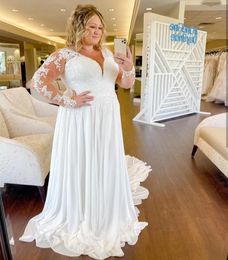 Plus Size Wedding Dress Elegant Chiffon Royal Train Long Sleeve Lace Appliques Vneck Bridal Gowns Simple Large Size for women2370768