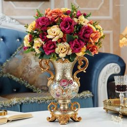 Vases European Resin Vase Artificial Flower Set Figurines Office Home Furnishing Crafts Decoration Livingroom Silk Fake Pot Art