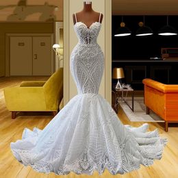 Luxury Lace Mermaid Wedding Dress 2024 Spaghetti Straps Sweetheart Sparkle Pearls Beads Bridal Gowns Vestidos De Novias Robe De Mariage