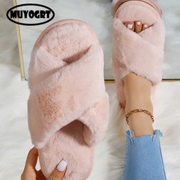 Slippers Soft Fluffy Fur New Women Winter House Warm Furry Flip Flops Home Slides Flat Indoor Floor Shoes H240325