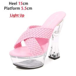 Dress Shoes LED Light Up Transparent High Heels 15CM Square Heel Summer Sandals Womens Platform Luminous Club Fashion Weave Slippers H240321O6MWF239