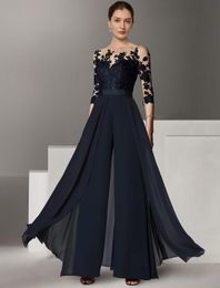 Elegant Long Navy Blue Chiffon Jumpsuit Mother of the Bride Dresses A-Line Lace Shear Neck Pantsuit Godmother Dresses Formal Party Gown Floor Length Women Dresses