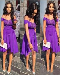 Short Purple Bridesmaid Dresses 2020 Chiffon Country Off Shoulder Peplum Backless Maid of Honor Dresses Custom Plus Size Wedding G9603725