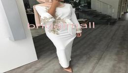 Ankle Length White Satin Sheath Muslim Evening Dresses With Half Bell Sleeve Arabic Formal Prom Gown With Sash Plus Size Bride Par1641168