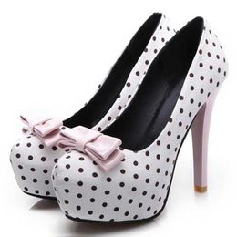 Dress Shoes Womens Pumps 2021 Spring Autumn New Sweet Polka Dot High-Heeled Round Toe Single Bow Thin Heels Plus Size FemaleTECO H240321