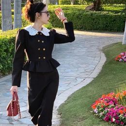 Two Piece Dress UNXX Autumn Fragrant Wind Doll Collar Suit Jacket Hip Skirt Retro Hepburn Lace Coat Overskirt Two-piece Set