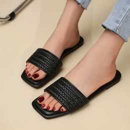 Slippers Summer Womens Flat Sandals 2024 New Outdoor Sequin Open Toe Comfort Casual Furry Slides for Women Plus Size 43 H240325