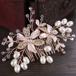 Tiaras Trendy Gold Flower Pearl Bridal Hair Combs Wedding Hair Accessories Headpiece Hair ornaments Bride Women Hair Jewellery Y240320