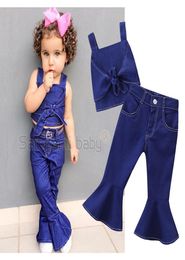 Retail girls boutique outfits 2pcs denim suits sleeveless bow sling vestflare pants fashion track suit baby tracksuit kids design9318865