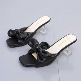 Dress Shoes 2021 Summer New Women Mules Square Head Slippers 7CM Slides Beautiful Bow Sandals Lady Outdoor Walking Crystal Heel H2403251