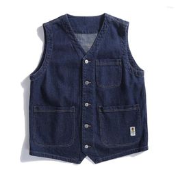 Men's Vests Japan Style V-Neck Sleeveless Men Soft Denim Vest 2024 Spring Summer Multi-Pockets Deep Blue Casual Waistcoat Loose