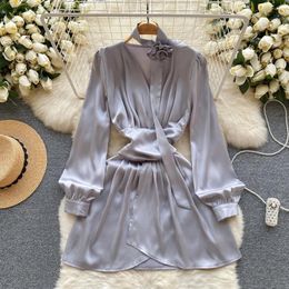 Casual Dresses Satin Party Dress V Neck Puff Long Sleeve A Line Short Bling Elegant Ol Vestidos Luxury Pleated One Piece Drop