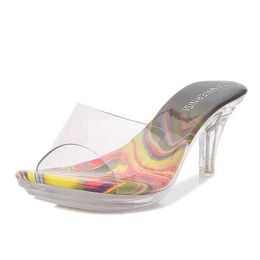 Dress Shoes 2022 New Female Platform Slipper Summer Everyday Crystal PVC Lady Sandals Women Transparent 6.5CM Low Heels Party StilettoGY3N H240321