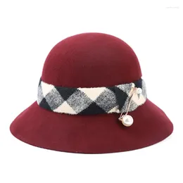 Berets X4059 Wool Felt Hat Basin Cap Dome Top Fedora Winter Warm Stripe Decorative Fisherman Hats Fascinator