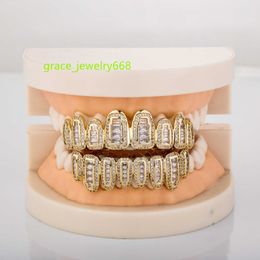 Fashion Body Jewellery 14K 18K Gold Plated Iced Out Cz Baguette Diamond Teeth Grillz For Hip Hop Rapper Men Women