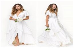 2019 New Slits Skirts Romantic Beach bohemian Wedding Dresses Cheap Short Sleeves Deep V Neck Layered Train Silk Satin Chiffon Bri1692630