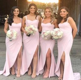 2020 Pink Long Bridesmaid Dresses Sexy Spaghetti Straps High Leg Split Formal Dress Wedding Maid Of Honour Prom Gown Plus Size7056664