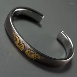 Bangle Original Designer Carved Dragon Bracelet Men Vintage Gun Black Glossy Plain Ring 925 Sterling Silver Hand Jewellery