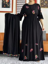 Ethnic Clothing 2024 African Lady's Eid Dress With Tassels Big Scarf Solid Cotton Loose Floral Boubou Maxi Islam Women Long Sleeve Abayas