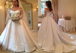 Long Sleeve Wedding Dresses Off Shoulder Handmade Appliques Lace Satin A Line Sweep Train Bridal Gowns Custom Plus Size53496523920268