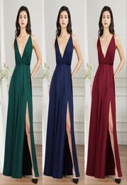 Lowest Chiffon Bridesmaid Dresses Summer Beach Bohemian Maid of Honor Gowns Sexy Backless Split Plunging V Neck Women Party 8725150