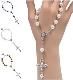 Catholic Rosary Prayer Beads Bracelet Cross Imitation Pearl Acrylic Bangles Fashion Wristband Fit Party Souvenirs6266623