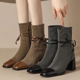 Boots 2023 Winter New Women High Heels Shoes Chunky Square Toe Bow Chelsea Ankle Boots Brand Trend Retro Zipper Boots Pumps Sock Botas