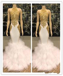 Gorgeous Halter Gold and White Prom Dresses Ruffles Tulle Real Pictures Mermaid Formal Cocktail Party Dresses Evening Gowns2780319