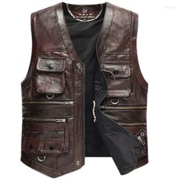 Men's Vests 2024 Leather Vest First Layer Cowhide Stylish Multi-Pocket V-neck