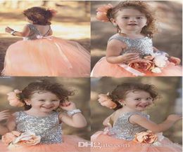 Peach Pink Shiny Sequin Princess pageant Dresses For Your Little Girl Handmade Flower Ball Gown Flower Girls039 Dresses9973471