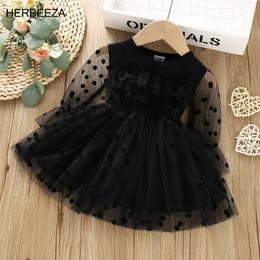 Summer Dress for Baby Girls Mesh skirt black polka dot longsleeved princess dress 1st Birthday Party Clothes cotton 240311