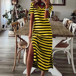 Casual Dresses For Women 2024 T Shirt Stripe Print Loose Dress Short Sleeve V Neck Beach Style Split Long Robe Femmes