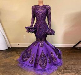 Arabic Purple Long Sleeve Mermaid Prom Dresses Sequined Beads Appliqued Dubai Celebrity Evening Gowns Robe de soiree9580552