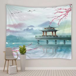 Tapestries Chinese Style Landscape Tapestry Pavilion Pink Flower Mountain Water Scenery Pattern Living Room Bedroom Dormitory Bedside Decor