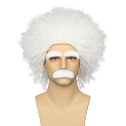 Wigs Missuhair Mad Scientist Wig Doc Brown Wig White Scientist Wig & Moustache Short Crazy Wig Men Halloween Costume Hair