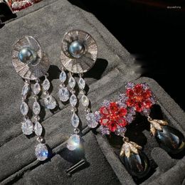 Dangle Earrings Women Colourful Conch Gemstone Drop Pearl Plated 18K Gold Snowflake Zirconia
