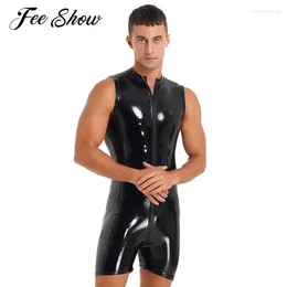 Women's Swimwear Sexy Men Glossy Wet Look Leather Bodysuit One Piece Swimsuit Rash Guard Sleeveless Zipper Crotch Pole Dancing Jumpsuits