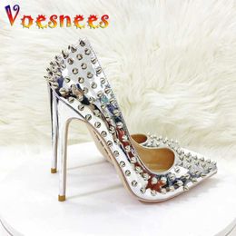 Dress Shoes Women New Rivet High Heels 12CM Fashion Pointed Toe Party Single Europe And America Club Stage Pumps Silver Plus Size 43 H240325