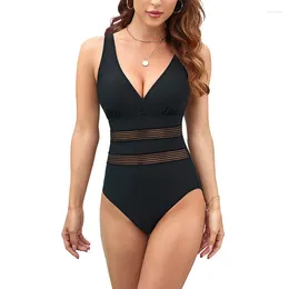 Women's Swimwear Sexy V Neck Mesh Splicing One Piece Swimsuit Women Solid Patchwowrk High Waisted Bathing Suit Monokini Bodysuit Summer