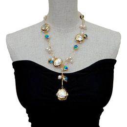 YYGEM Blue Murano Glass Freshwater Cultured White Keshi Pearl Gold Filled Chain Necklace 21 240305