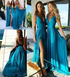 Beach Bridesmaid Dresses Deep V Neck Backless Pleats Custom Side Split Floor Length Bohemian Maid of Honor Gowns8629055