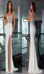 Oksana Mukha Mermaid Wedding Dresses 2020 Beading Lace Spaghetti High Split Wedding Gowns Sweep Train Custom Made Vestidos De Novi3209219