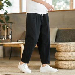 Men's Pants 2024 Drawstring Elastic Casual Cotton Linen Pant Male Student Sports Straight Cropped