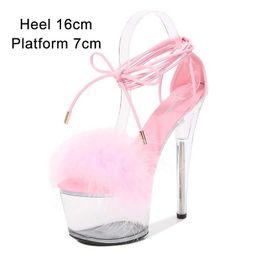 Dress Shoes Shuzumiao Womens Sandals 2021 Summer Fashion Ankle Cross Strap Fur High Heels Clear Waterproof Platform Female Steel Tube Dance H240321UC4HPO2W