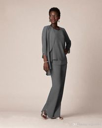 New Grey Chiffon Formal Pant Suits For Mother Groom Dresses Evening Wear Long Mother of the Bride Dresses With Jackets Plus Size C6195498