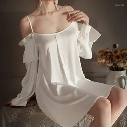 Women's Sleepwear Pyjamas Female Spring And Summer Thin Ice Silk Shirt Long Sleeve Loose Plus Size Off-the-shoulder Slip Nightdress