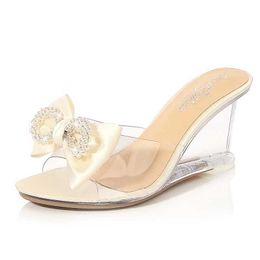 Dress Shoes New Silk Butterfly-knot Women Slippers Sexy Transparent High Heels 8CM Sandals Summer Slides String Bead Party Wedges Woman Shoe H2403252