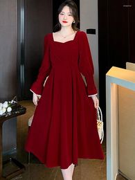 Casual Dresses Spring Autumn Red Thick Warm Midi Fashion Beading Sqaure Collar Dress For Women 2024 Elegant Luxury Party Wedding