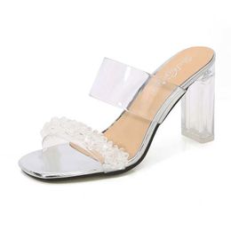 Dress Shoes 2022 New Pearl Women Slippers Transparent Double One Word Band Sexy 9CM Slides Square Toe Sandals Summer Chic Crystal Heel H2403253