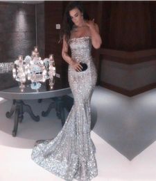 2019 Sexy Strapless Silver Mermaid Prom Dresses Sparkly Sequined Long Formal Evening Gowns Cheap Vintage Party Wear2461536